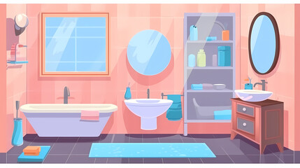 Bath room interior with bathtub and toilet bowl, cabinets and mirrors, cleaning products, and towels. Cartoon vector shower space with window and carpet on floor.
