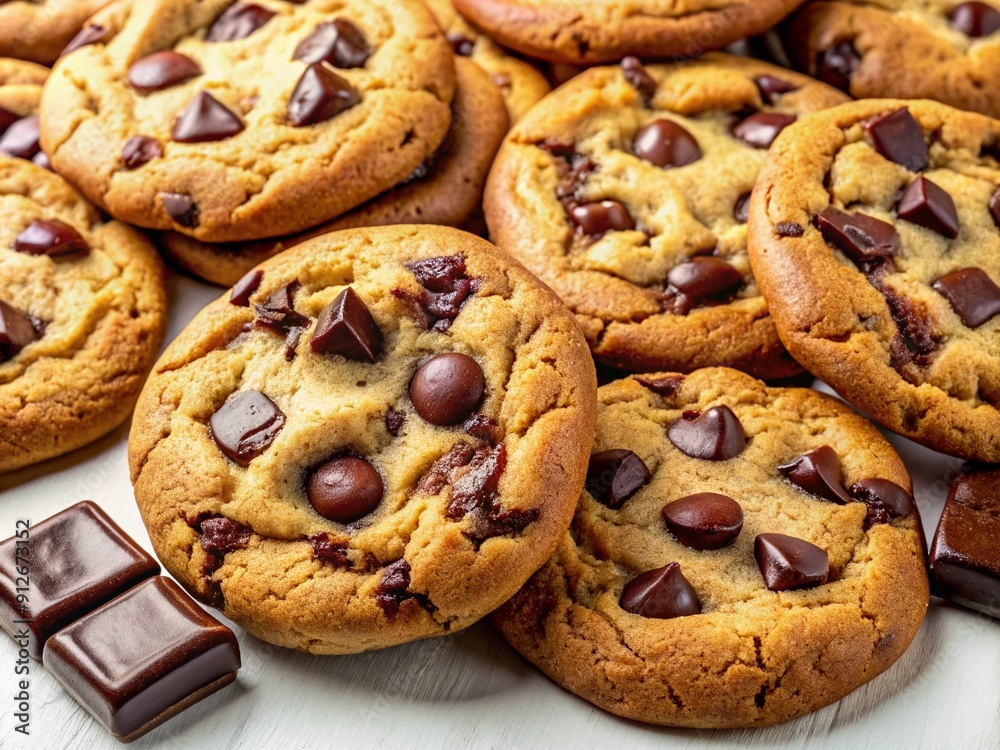 Sticker Freshly baked warm chocolate chip cookies with gooey chocolate chunks and golden brown edges placed on a clean white background, enticingly arranged.