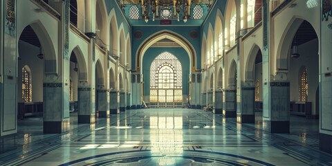 Obraz premium Ornate hallway with arches and a large window.