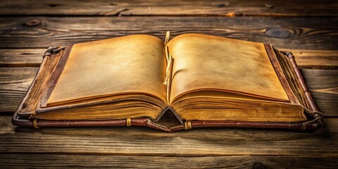 Obraz premium Vintage leather-bound book lies open, showcasing blank, yellowed pages, providing a beautifully rustic backdrop for adding custom text, images or design elements.