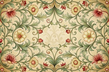 Whimsical floral patterns and intricate curves adorn a vintage-inspired art nouveau design featuring a delicate, ornate frame, perfect for wallpaper or banner use.