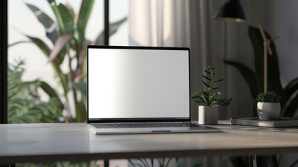 Fototapeta premium Tidy desk in a modern office with a laptop featuring a blank screen, ready for your design or content