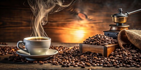 A close-up photo of a steaming cup of espresso surrounded by coffee beans and a vintage coffee grinder, espresso, coffee, beans