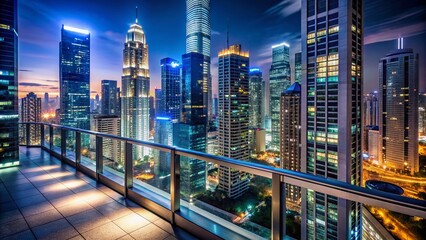 Obraz premium A stunning cityscape view of modern skyscrapers illuminated at night from a high-angle balcony. The city comes alive with vibrant lights and futuristic architecture.