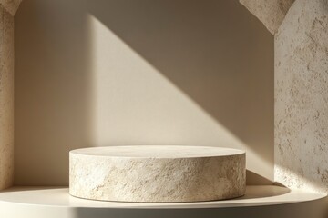 Stone podium, mock up for product cosmetic on dark beige background with dramatic light. Empty showcase for packaging presentation , ai
