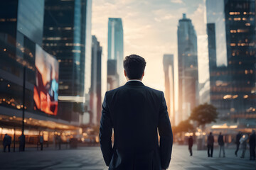 A man in a suit stands in the middle of a busy city street