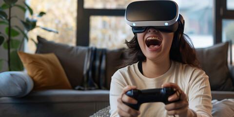 A woman wearing a VR headset is playing a video game with a controller in her hands.