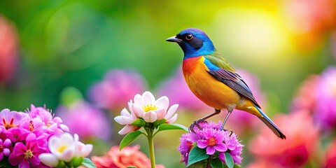 Obraz premium A colorful bird perched on a blooming flower in a vibrant garden, bird, garden, nature, wildlife, flowers, vibrant, colorful
