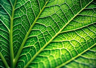 Vibrant green leaf texture in stunning close-up, showcasing intricate veins and natural curves against a soft, blurred natural background, perfect for visual illustrations.