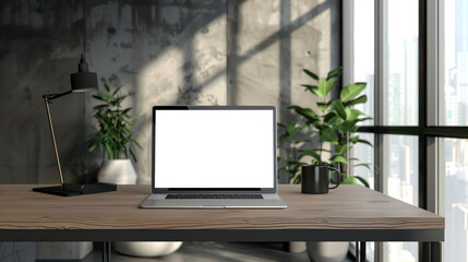 Fototapeta premium Office desk with a laptop showing an empty display, providing ample space for your content, minimalist style