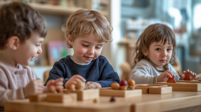 des enfants apprennent en s'amusant dans une cr&egrave;che style Montessori avec jouets en bois 