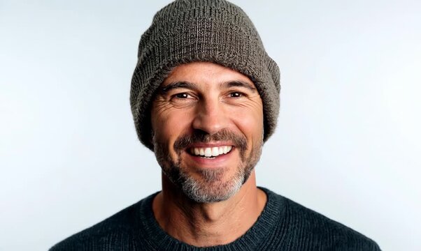 Medium shot portrait video of a grinning man in his 40s wearing a warm beanie or knit hat against a white background