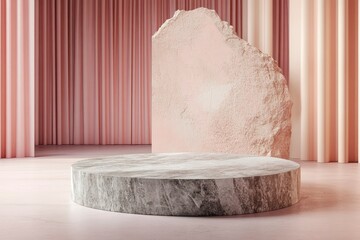 Rock podium product photo presentation over beautiful floor and colorful backdrop , ai