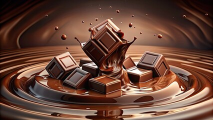 Chocolate blocks falling into a liquid chocolate splash burst, chocolate, blocks, falling, liquid, splash, burst, sweet, dessert