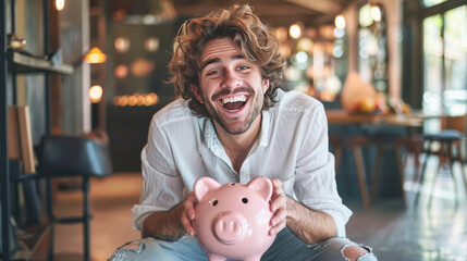 Obraz premium Joyful young man saving money in a piggy bank, showing excitement and happiness