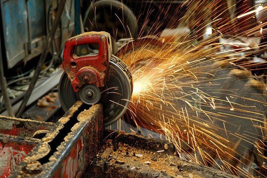 Angle grinder is being used to cut metal, producing a shower of sparks
