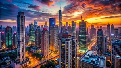 Obraz premium Vibrant cityscape at dusk featuring a sprawling metropolitan skyline with towering skyscrapers, neon lights, and bustling streets devoid of human presence.