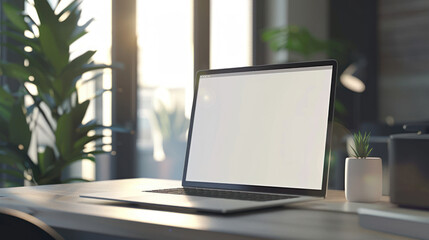 Professional workspace with a laptop on a desk, empty display for customization, clean and modern setting