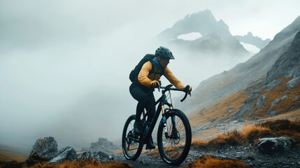 Person mountain biking on a rocky trail in a foggy mountainous terrain, wearing a helmet, jacket, and backpack.