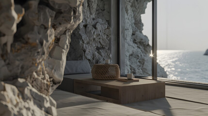 light grey sofa in front of light stone wall. a wooden coffee table near the window with a black frame and a rattan lamp on it 