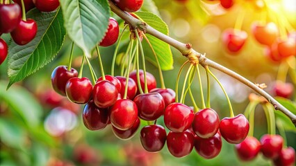 Close-up of ripe wild cherry fruits hanging from tree branch, wild cherry, sweet cherry, gean, Prunus avium, tree, fruit, ripe