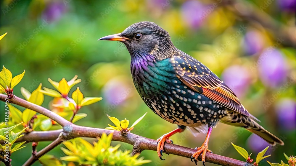 Poster Common starling bird perched on a tree branch in a garden setting, wildlife, bird, European starling, nature, feathers