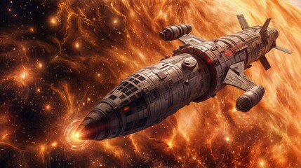 Spaceship flying in the space. AI generated.