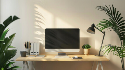 Home office setup with a wooden table, computer monitor, stationery, and a lamp, accented by green potted plants