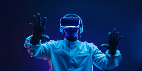 A man wearing a VR headset in a dark studio with blue neon lights, experiencing a futuristic virtual reality world.. african man