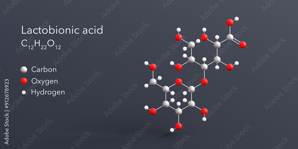 Sticker lactobionic acid molecule 3d rendering, flat molecular structure with chemical formula and atoms color coding