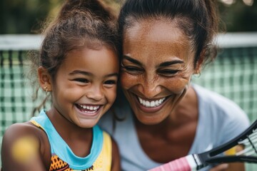 A mother and her young daughter share a moment of joy on a tennis court, smiling brightly while holding a tennis racket, exemplifying bonding, fun, and an active lifestyle.