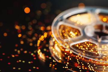 Vintage Film Reel beautifully set against a Sparkling Bokeh Background, perfect for evoking Cinematic Themes and emotions