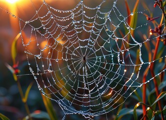 Naklejka premium the delicate beauty of a spider web covered in morning dew at sunrise.