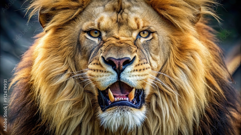 Sticker close up of a fierce lion showing its majestic mane and sharp teeth, wildlife, predator, carnivore, 