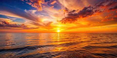 Beautiful sunset casting warm hues over the calm sea, sunset, sea, ocean, water, horizon, dusk, evening, sky, reflection