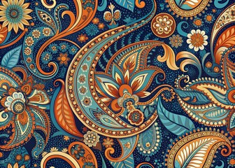 Intricate paisley pattern swirls in mesmerizing blue and vibrant orange hues, creating a stunning visual display of elegant sophistication and exotic beauty.