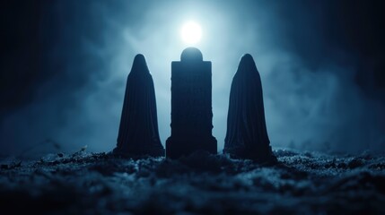 A group of ghostly figures gathered around a bonfire in the haunted forest cemetery