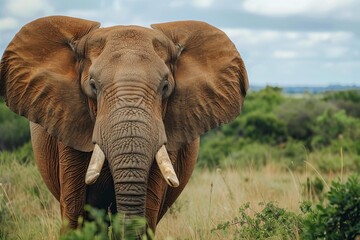 Large african elephant walking through the grasslands of the savanna on a cloudy summer day