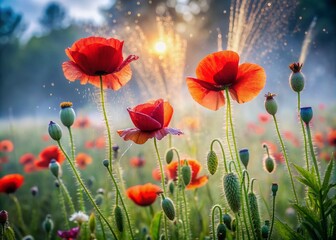 Fototapeta premium Vibrant red poppies bloom in a lush summer meadow, surrounded by soft focus fog, glistening water droplets, and a blurred background, perfect for phone wallpapers.