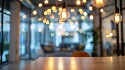 Empty open office space with a blurred background and soft bokeh lights, ideal for design concepts