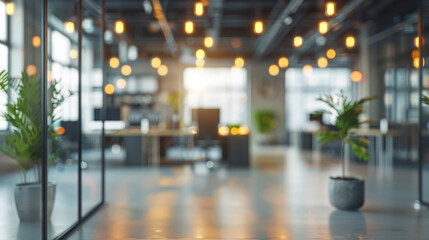 Empty open office space with a blurred background and soft bokeh lights, ideal for design concepts