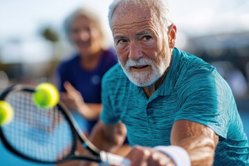 An elderly man in sport attire concentrates on playing tennis, with another player in the background. His intensity speaks of dedication and love for the game.