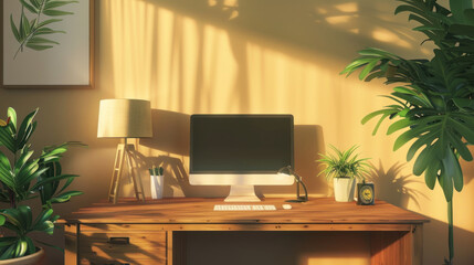 Cozy home office interior with a wooden desk, computer monitor, lamp, and green potted plants for a fresh ambiance