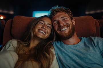A couple is captured sharing a happy moment while enjoying a movie in a theater, their faces lit up with joy and laughter, embodying love and togetherness.