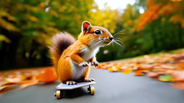 Playful squirrel riding a skateboard along a forest path during autumn, surrounded by colorful leaves.