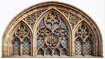 Obraz premium Intricately designed Gothic window with ornate stone carvings, pointed arches, and stained glass patterns isolated on a pure white background, exuding elegance and mystique.