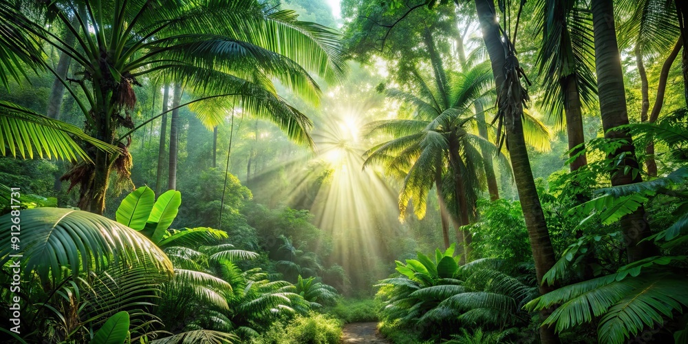 Poster Tropical forest with sunlight filtering through lush green trees, tropical, forest, trees, sunlight, greenery, nature