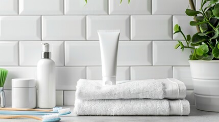 Bathroom concept with towel, toothbrushes, white tile wall background. In the middle is a plastic tube unlabeled mockup for cosmetic, Generative ai