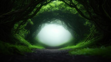 A group of gnarled trees with twisted branches forming a natural archway in the haunted forest