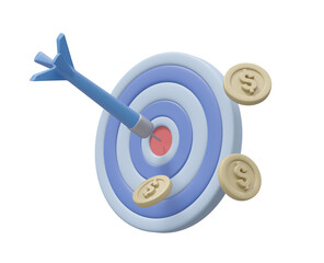 The 3D illustration includes a target, dart and dollar coin icon. which symbolizes the pursuit of focused financial goals Isolated on a transparent background.